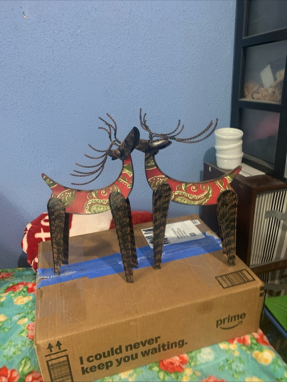Two Rustic Holiday Reindeer Metal Unique Standing For Mantel or Table